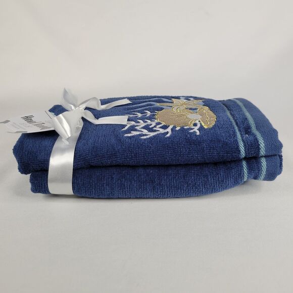 Set 2 Blue Bathroom Hand Towels Beach Embroidered Gold Starfish Shells Nautical - Picture 3 of 11